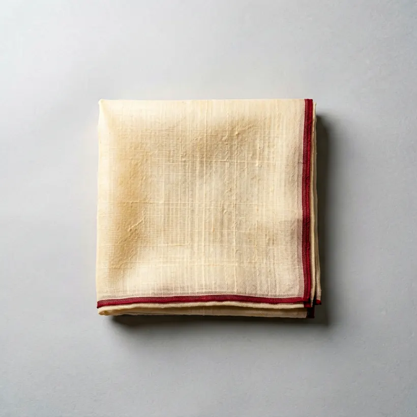A folded eri silk shawl in undyed cream with a fine madder red border stripe