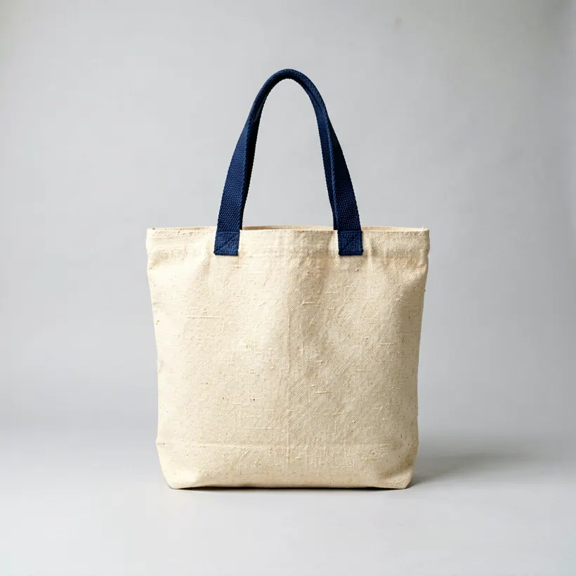 A handwoven cotton tote bag in undyed cream with dark indigo woven handles