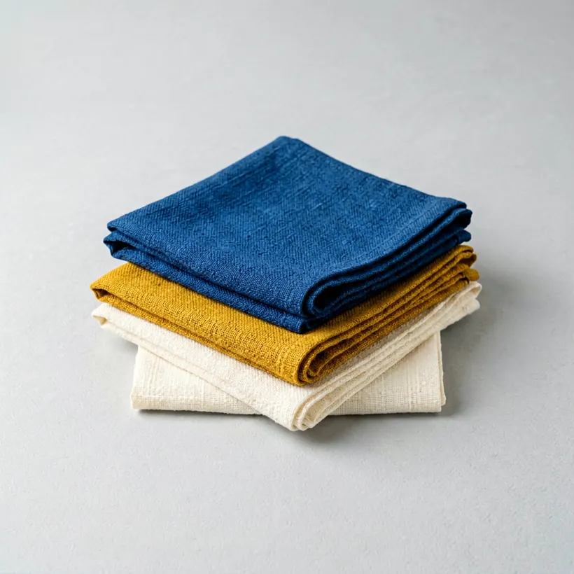 A stack of three folded handwoven cotton napkins in indigo, ochre and cream