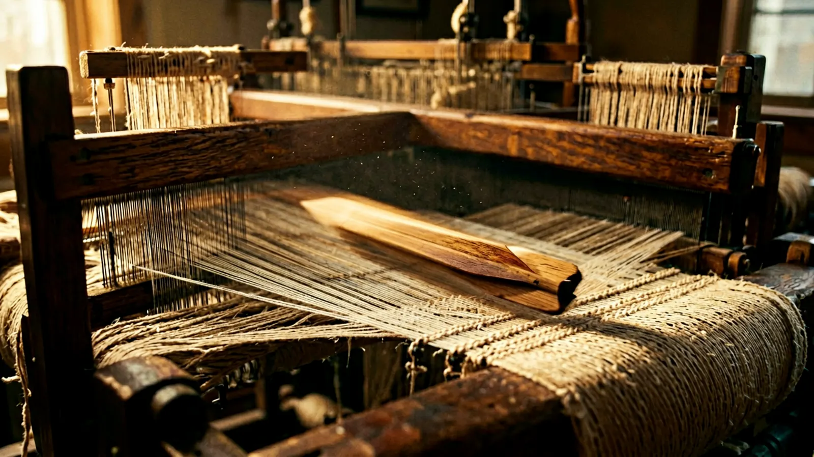 A wooden shuttle in motion across a threaded handloom, warp threads sharp behind it