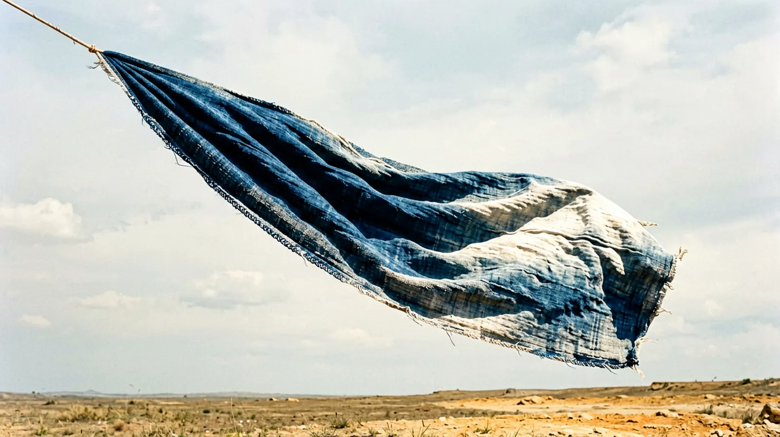 A long length of handwoven indigo and undyed cotton lifted by wind against an overcast sky