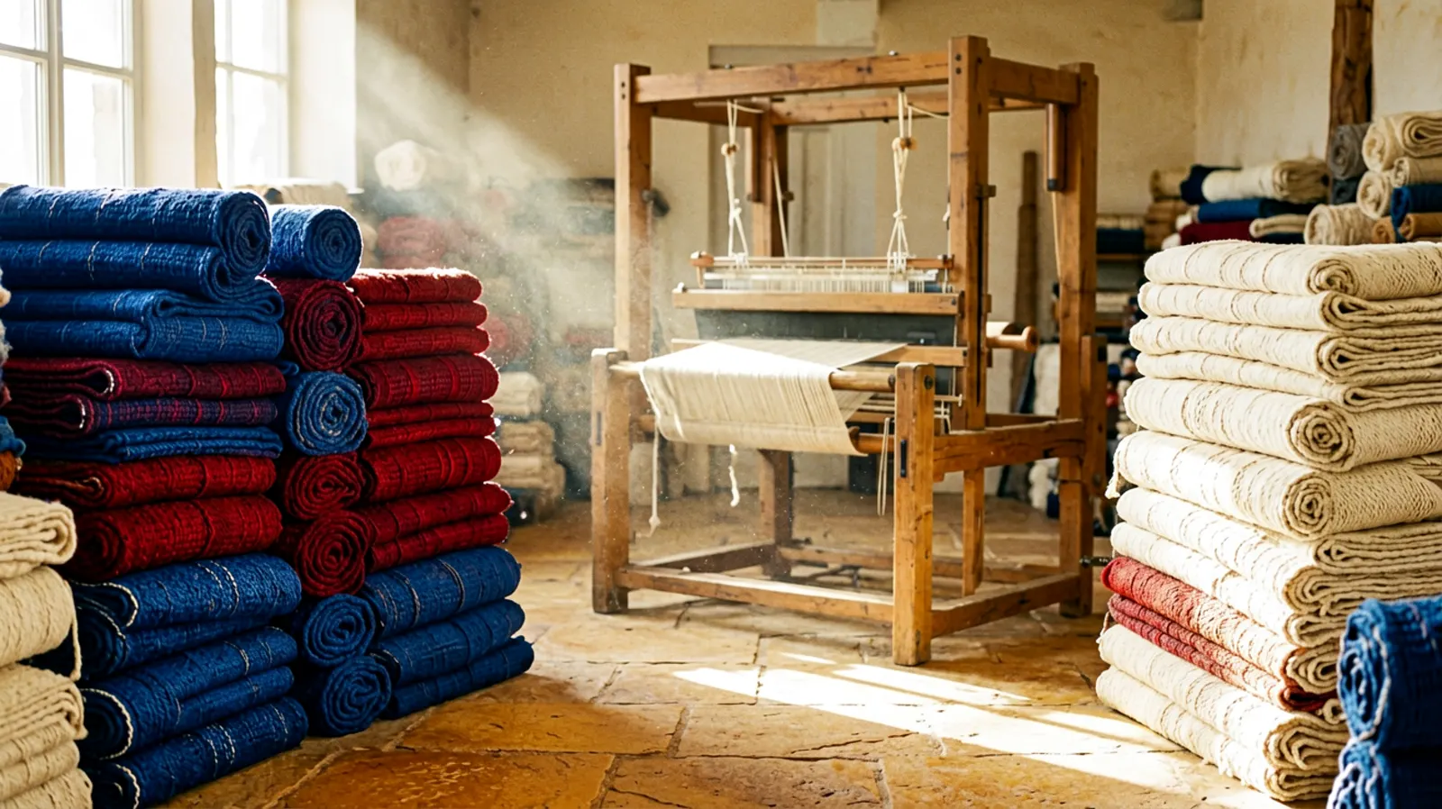 Stacks of folded handwoven cloth bolts inside a weaving shed crossed by shafts of morning light