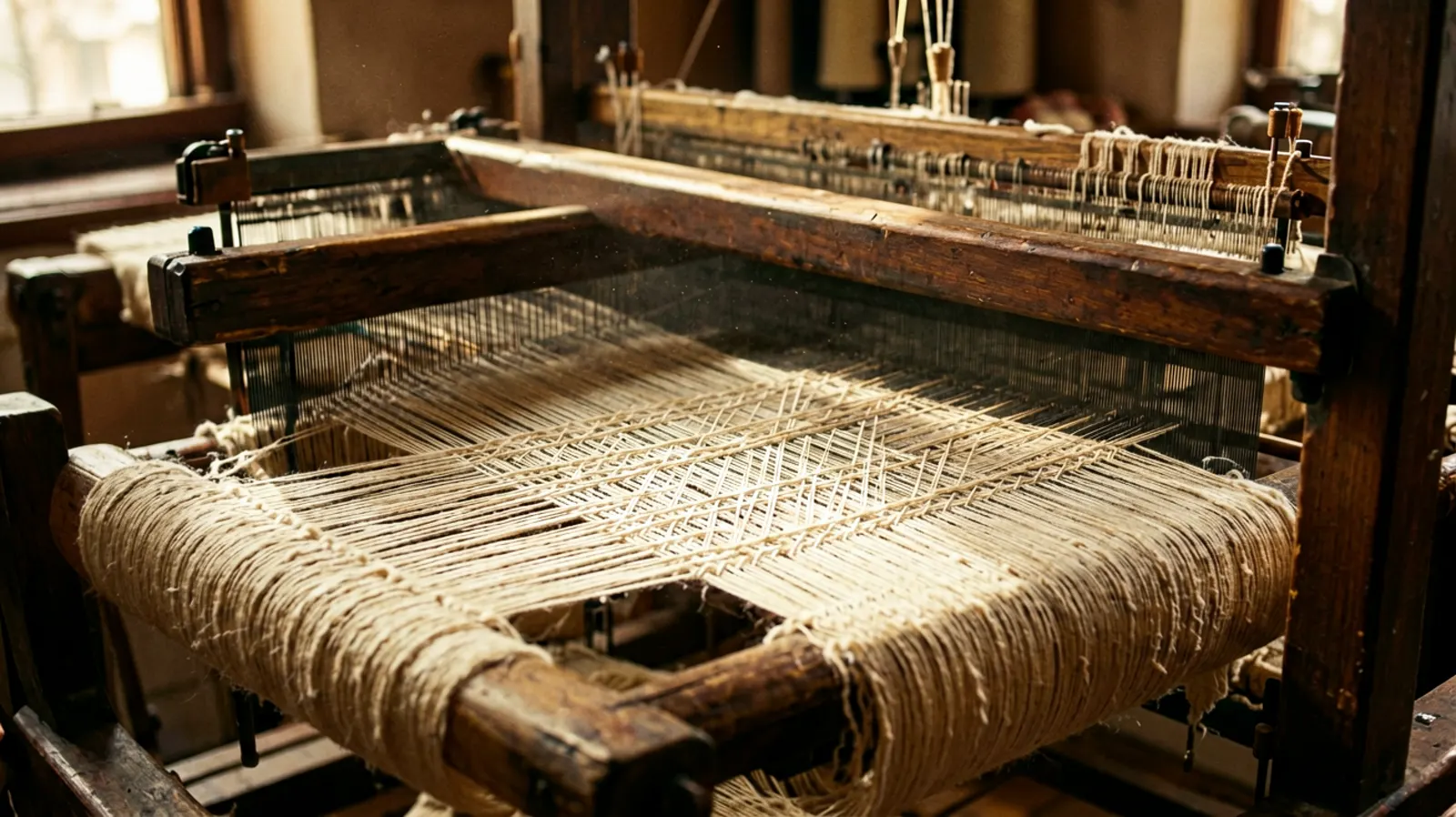 A wide handloom threaded with hundreds of fine undyed cotton warp threads in raking side light