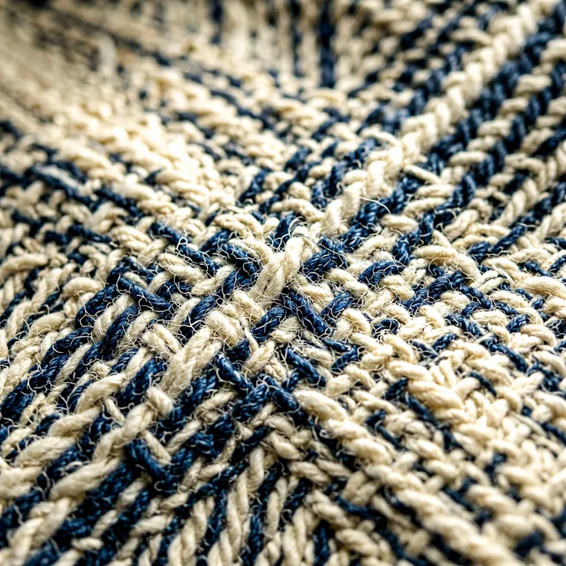 Extreme macro of handwoven cotton showing indigo and cream threads crossing at the weave