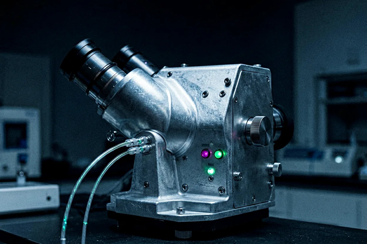 A spectrograph instrument in a darkened laboratory.