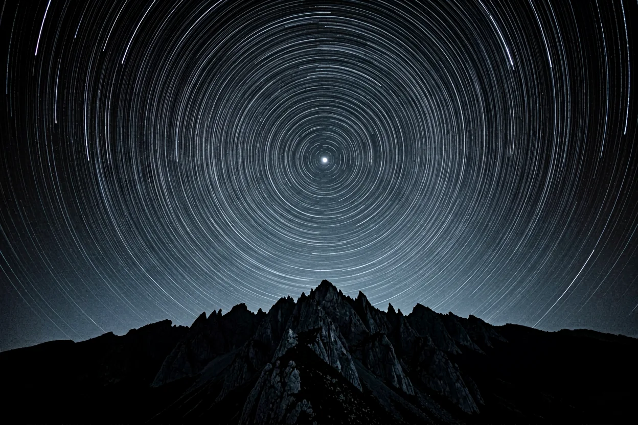 Circumpolar star trails arcing above a black ridge.