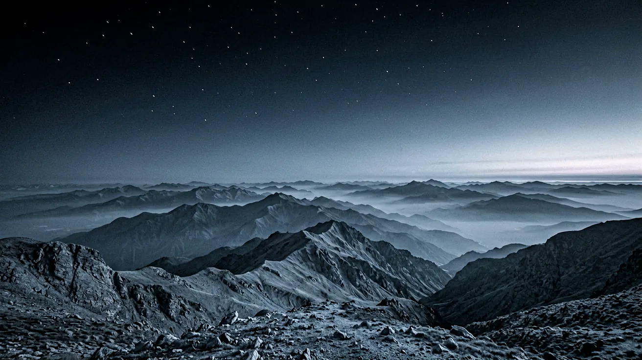 A wide, empty high-altitude ridge line at deep blue hour with the first stars showing.