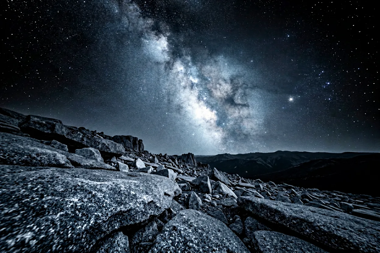 The core of the Milky Way rising over granite scree.