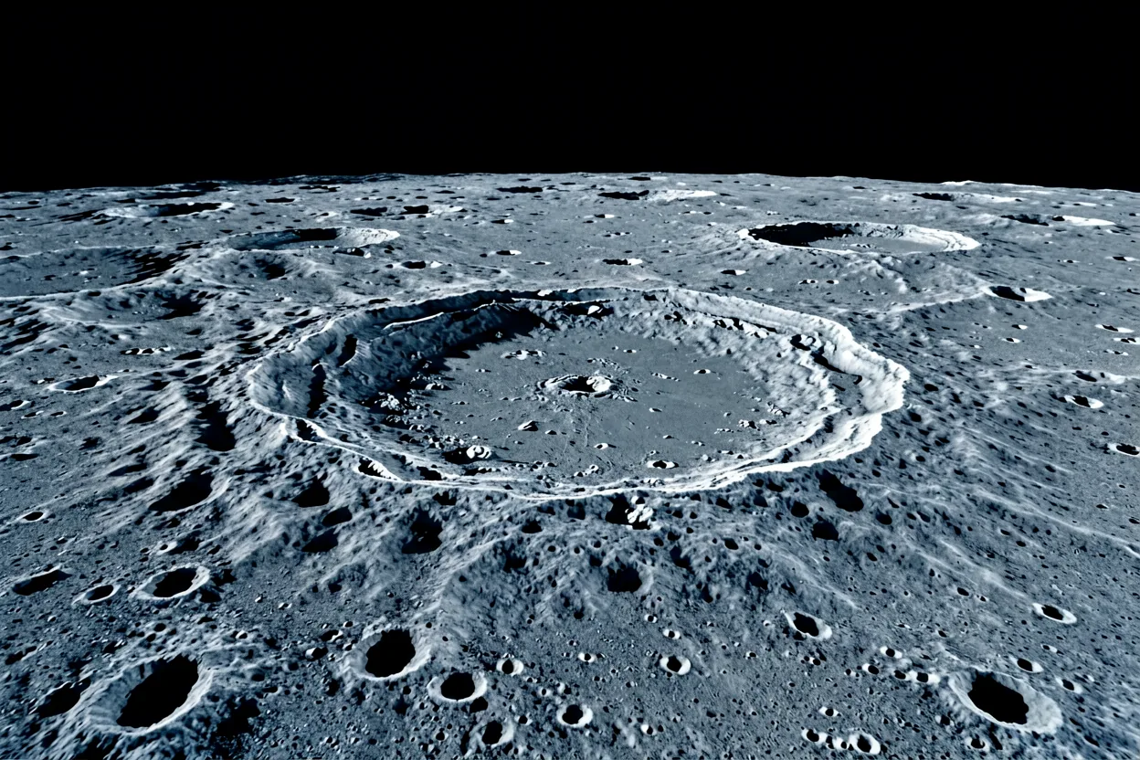 Telescopic detail of the lunar terminator, craters in raking light.