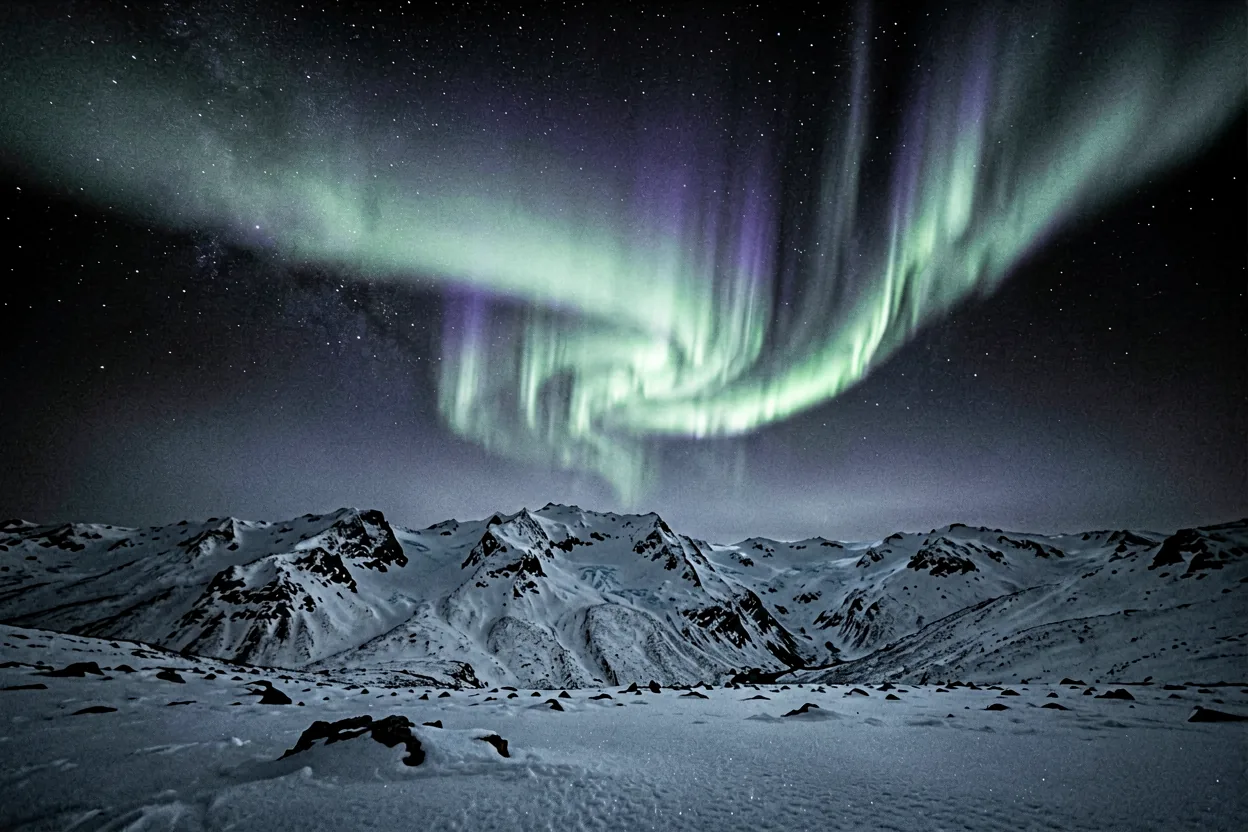 Faint aurora over a snow-covered ridge.