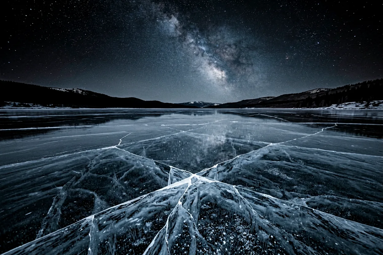 A frozen high-altitude lake mirroring the stars.