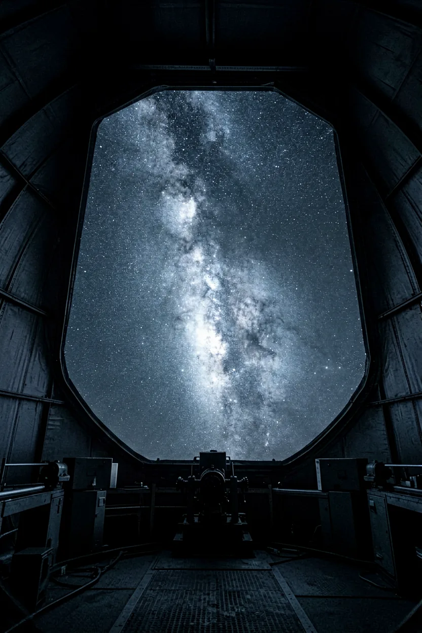 The open slit of the station dome framing a vertical band of the Milky Way.