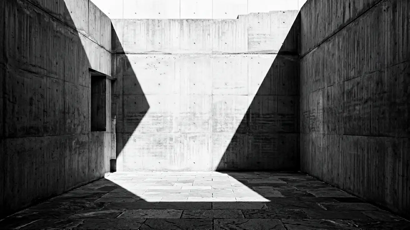 A concrete courtyard with a hard diagonal shadow across a board-formed wall