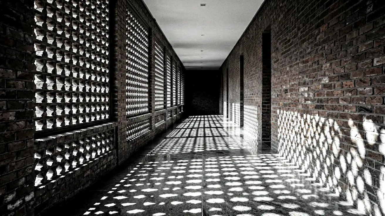 A perforated brick screen throwing a lattice of shadow down an empty corridor