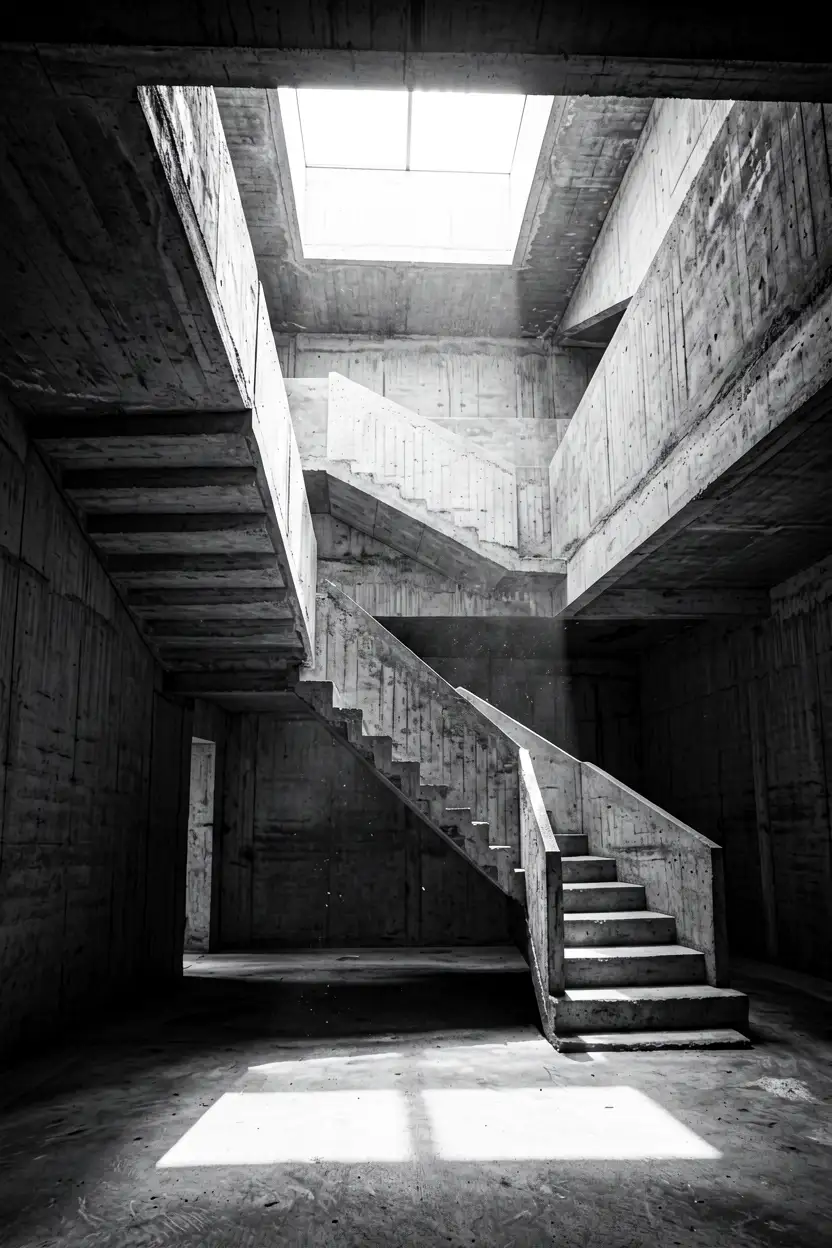 A cantilevered concrete stair seen from below
