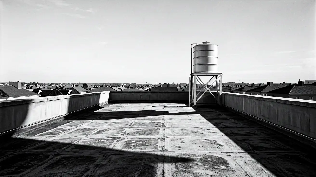 A flat roof terrace with a low parapet and a single water tank