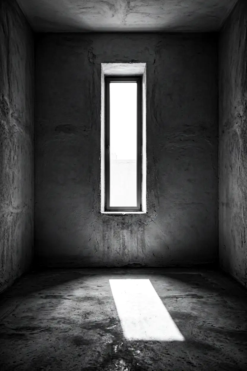 A tall narrow window slot casting a shaft of light on a bare floor