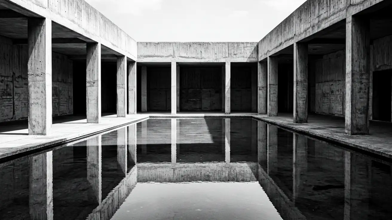 A courtyard with a shallow reflecting pool mirroring a colonnade