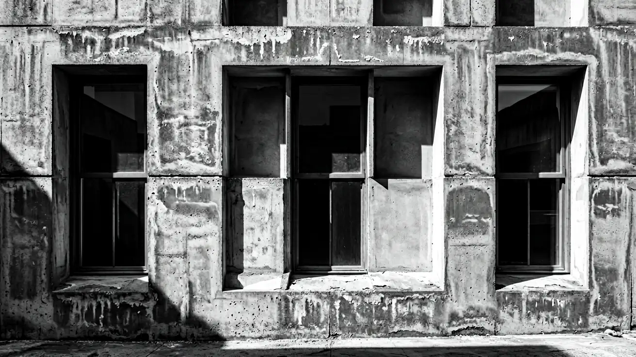 A weathered concrete facade with deep repeating window recesses